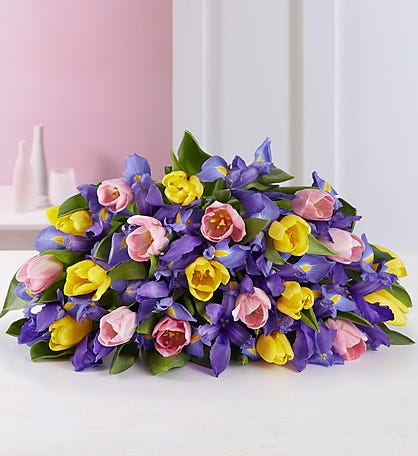 Deluxe Fanciful Spring Tulip & Iris Bouquet + Free Wind Spinner